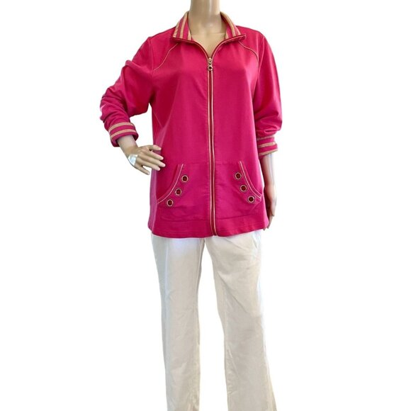 Quacker Factory Pink Zip-Up Jacket With Gold Accents Large Long Sleeves - Picture 8 of 14